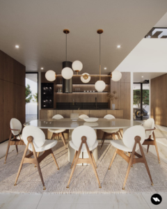 Open concept kitchen and dining room featuring wood cabinets for the Albufeira Marina Residence homes.