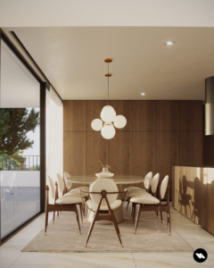 A bright and open dining room overlooking the pol of Marina Residence 47.