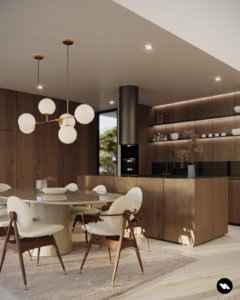 Open concept kitchen and dining room featuring wood paneling and a white dining table.