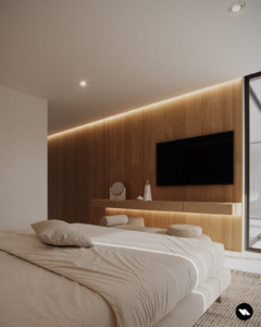 Bedroom details featuring wood paneling, a tv mounted to the wall, and a built in vanity.