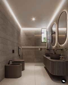 Stone tiled bathroom featuring a shower, brown toilet and bidet.