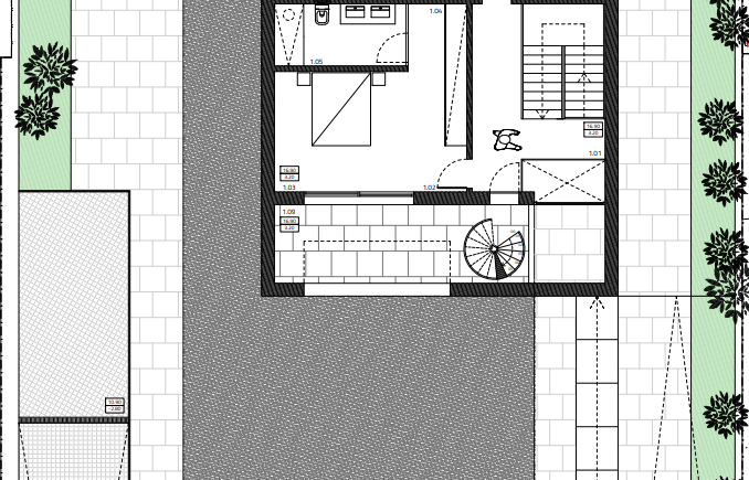 Floorplan of Marina Residence 48 featuring two bedrooms and a spiral staircase to access the rooftop terrace.