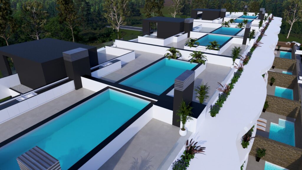 The penthouse units of the Marina Concept 1 condominium feature private pools and outdoor kitchens.