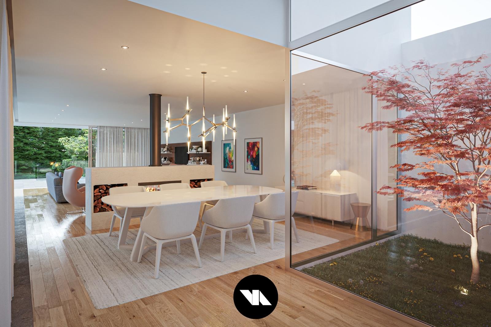 As you walk into Ameijeira Lote 33 there is a winter garden and open concept living room and dining room space that opens to the outdoors.