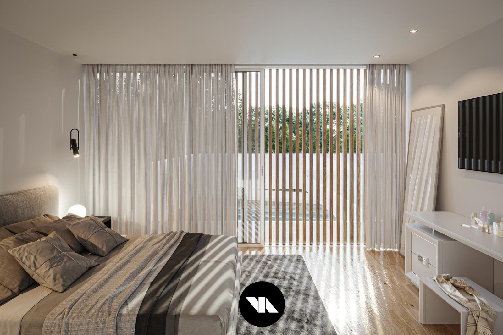 Main bedroom with view overlooking the pool in Ameijeira 33.