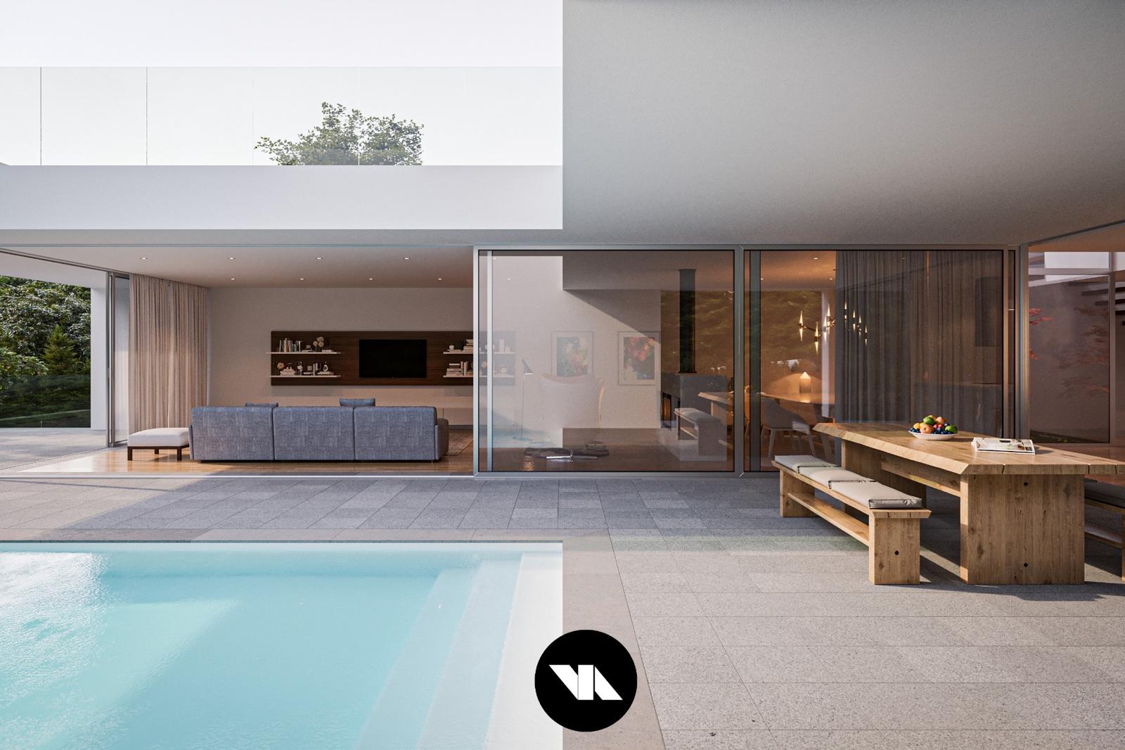 Outdoor dining space near the pool of Ameijeira 33.